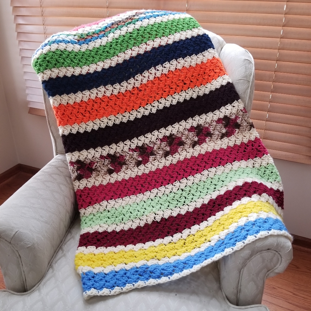 Vintage Crocheted Multicolored Striped Blanket